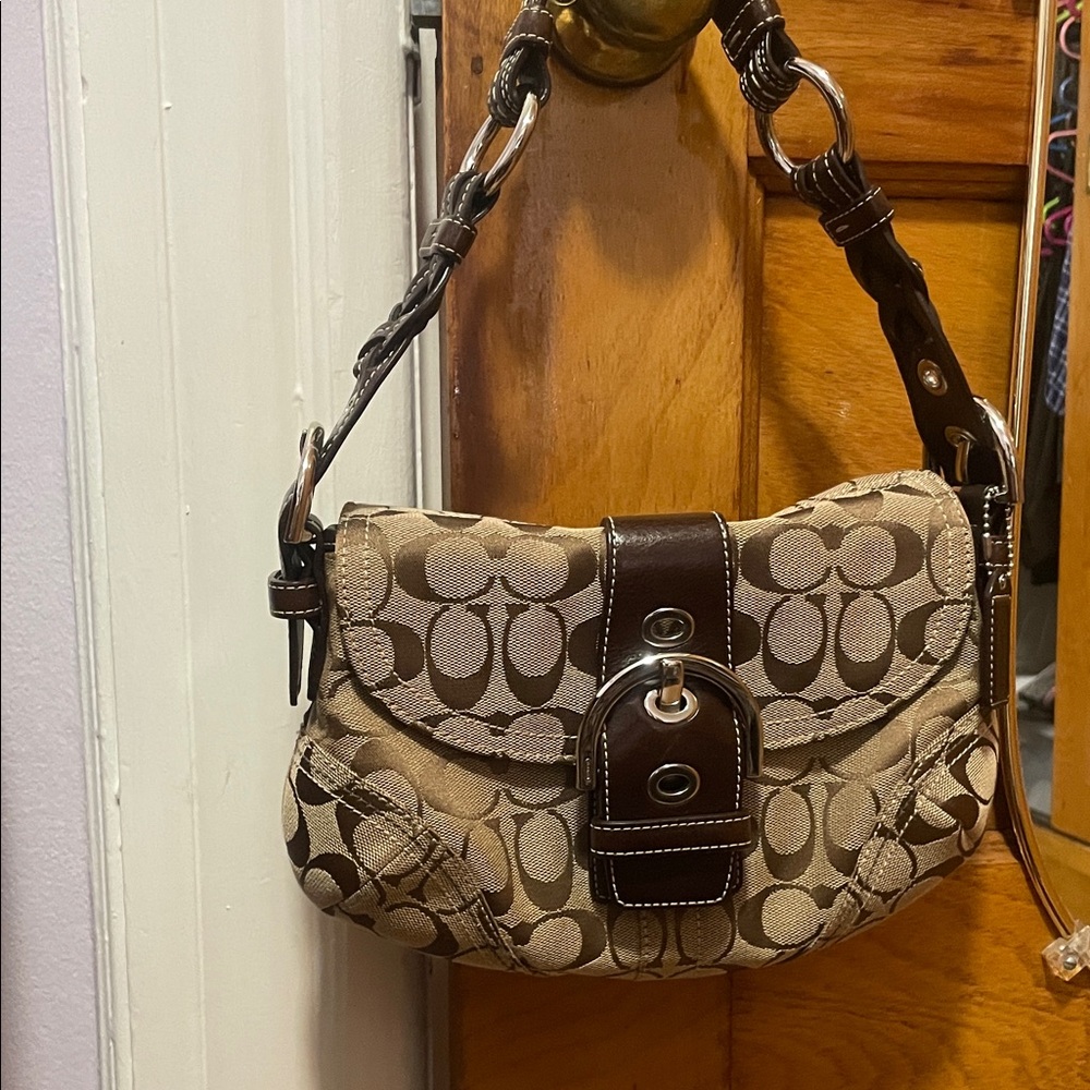 Coach Brown and Tan Signature Shoulder Bag